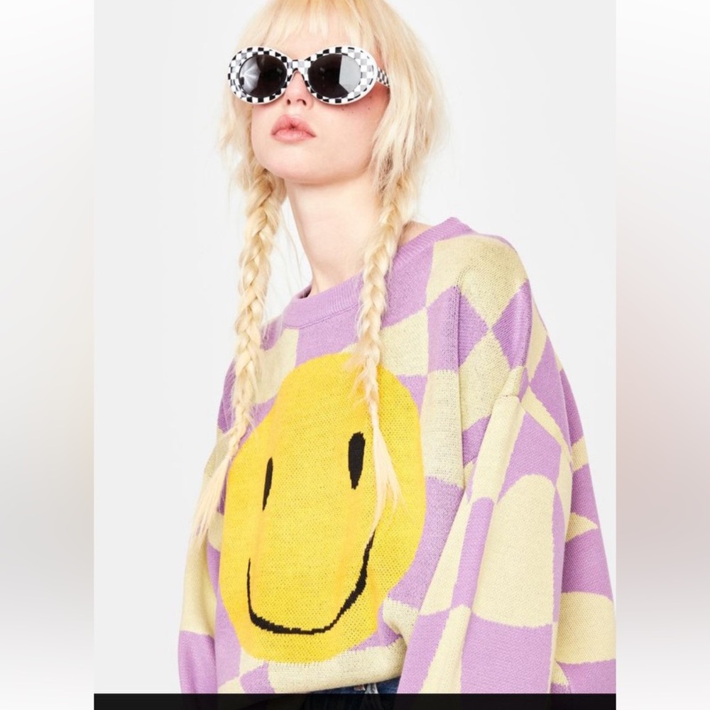 NWT Bailey Rose Checkered Smiley Face Sweater size Large